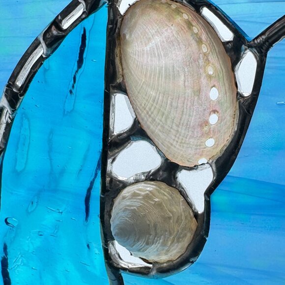 Stained Glass Blue Abstract Round Suncatcher Natural Shells Silver Accent Vtg - Picture 7 of 9